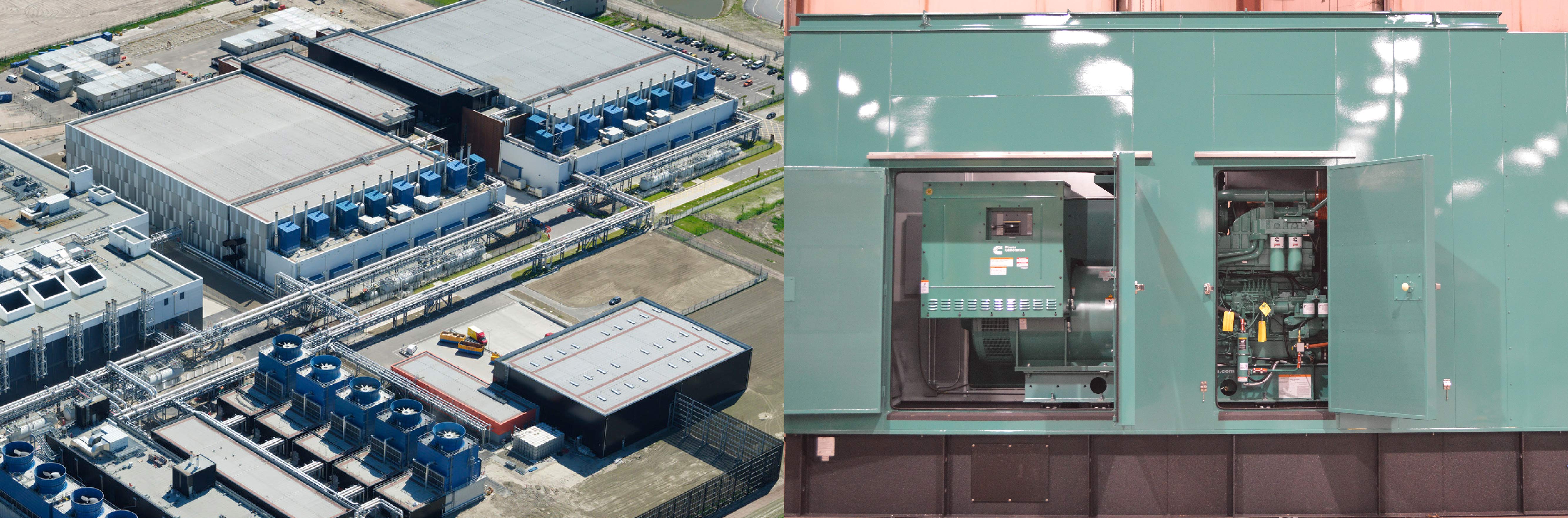 aerial view of large data center campus | view of large metal generator enclosure with doors open to show generator inside