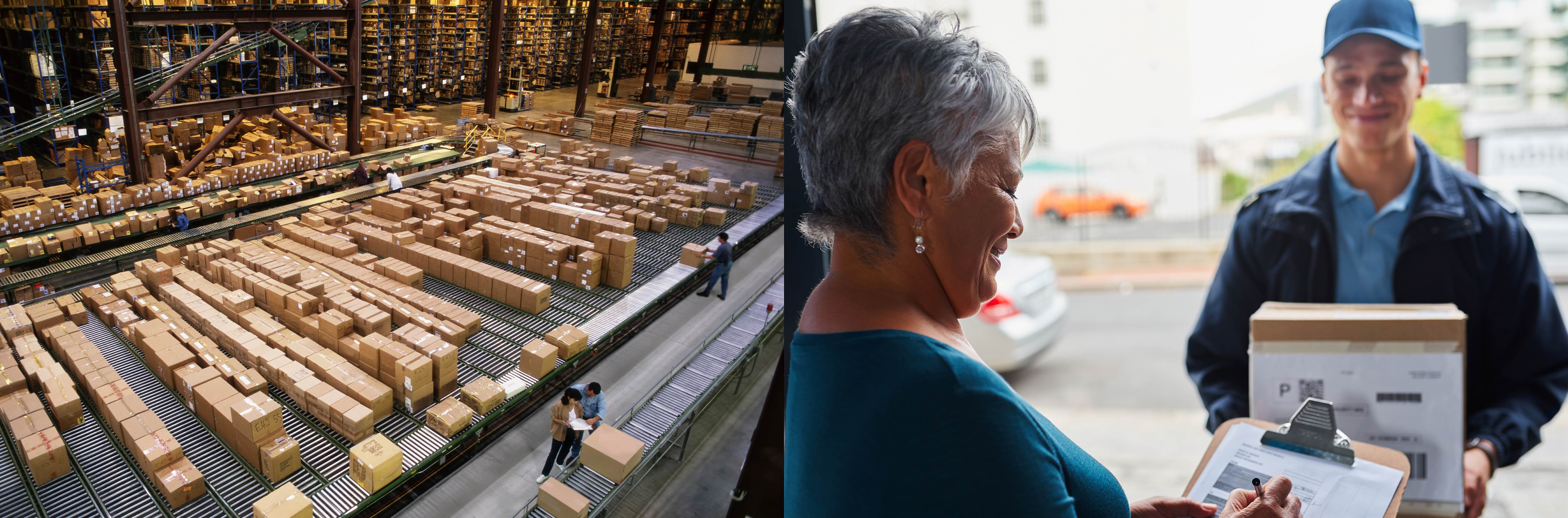 overview of large e-commerce distribution warehouse |  a woman accepts e-commerce package delivery from home delivery driver in the doorway of her house